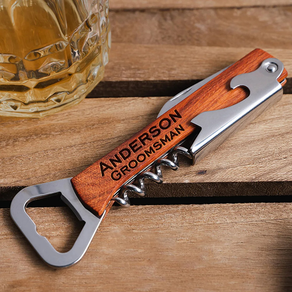 Woodworking Logos - โลโก้ส่วนบุคคลไม้ Handle Corkscrew ที่เปิดไวน์สําหรับงานแต่งงานของขวัญ, โลโก้แบรนด์ที่กําหนดเองที่เปิดขวดเบียร์